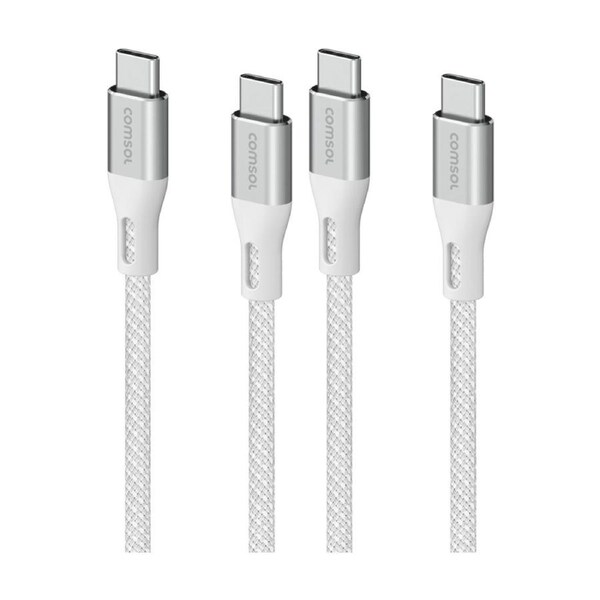 2PK Comsol USB-C To USB C Braided Data Transfer Charge Cable White 3m