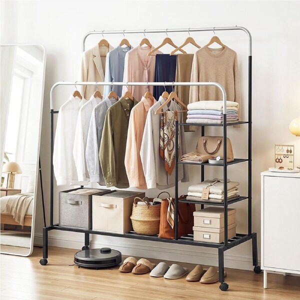 2 Rod Artiss Clothes Rack Garment Rail Wheel Storage Shelf Portable Stand 166CM