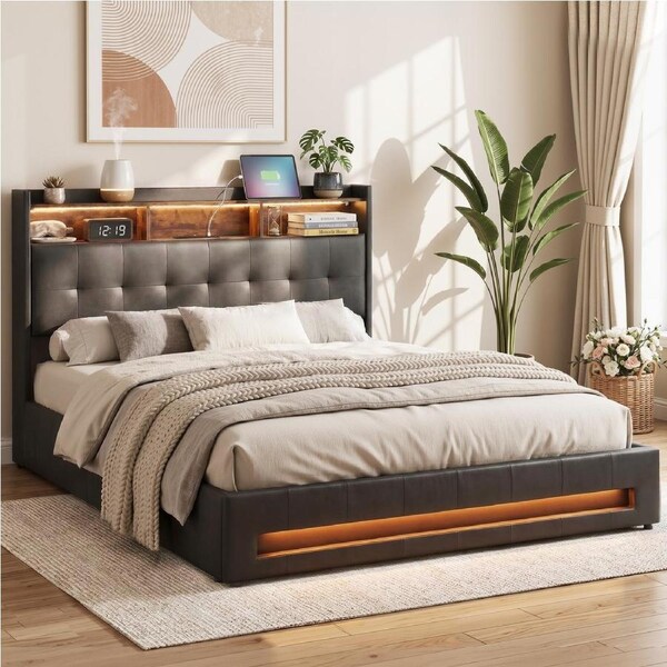 Artiss Queen Bed Frame Gas Lift Storage LED Lights Charging Station Headboard with Open Shelf