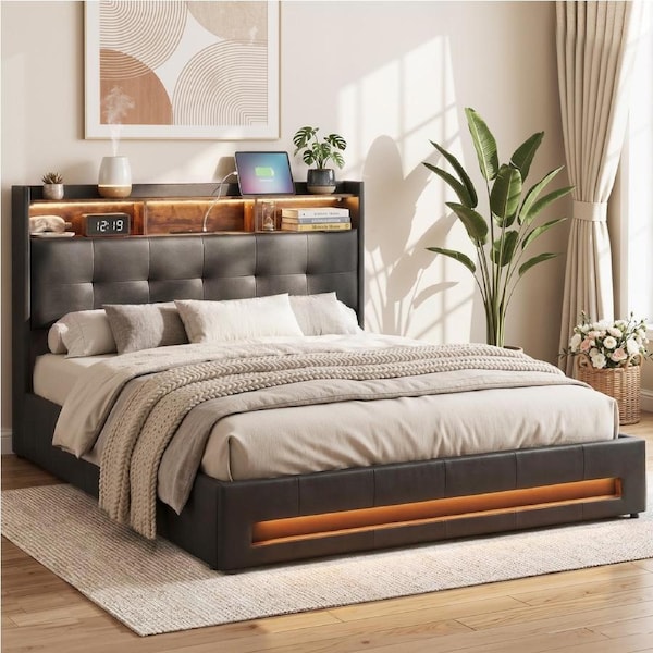 Artiss Double Bed Frame Gas Lift Storage LED Lights Charging Station Headboard with Open Shelf