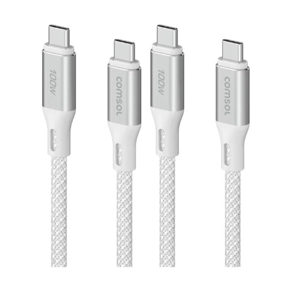 2PK Comsol USB-C To USB C Fast Charging 100W Data Transfer Cable White 3m