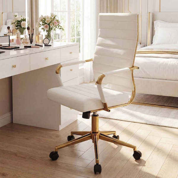 Costway Reclining Office Chair Ribbed PU Leather Computer Desk Armchair Swivel Modern Height Adjustable Padded Seat