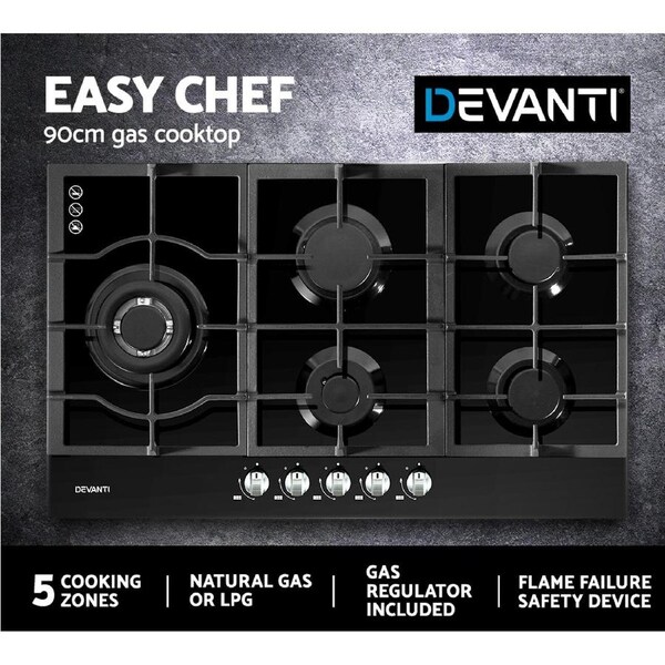 Devanti Gas Cooktop 90cm 5 Burner Black