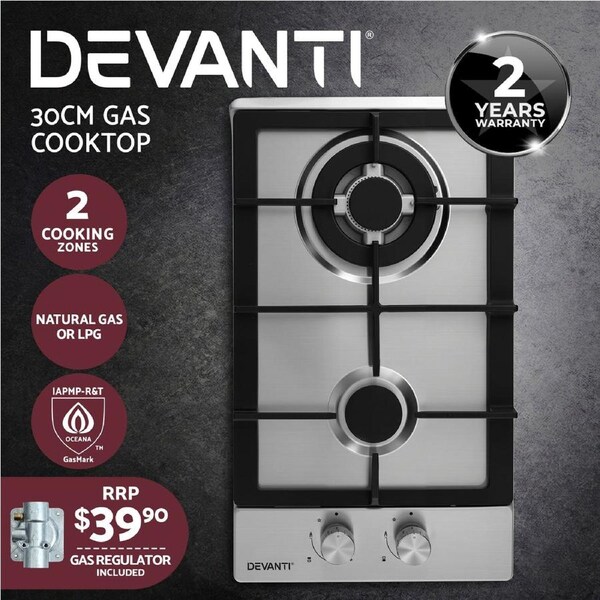 Devanti Gas Cooktop 30cm 2 Burner Silver