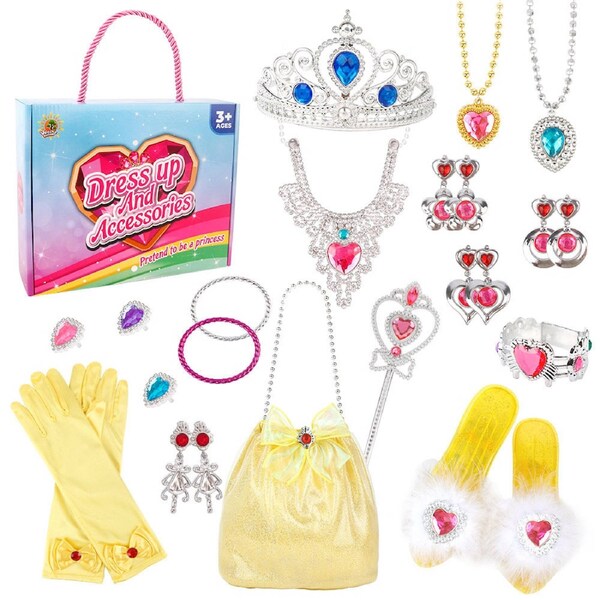 Catzon Princess Dress Up Toy Set for Girls 3-6 with Shoes Crowns Skirts Ring Accessories-Yellow