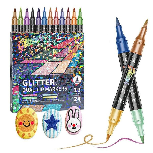 Catzon 24 Colors Sparkling Markers Pens Dual Tip 12 Pack Brush Markers for Cards DIY Crafts