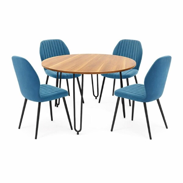 FORET 5pcs Round Dining Table Set 4 Blue Fabric Chairs Wood Top 105cm