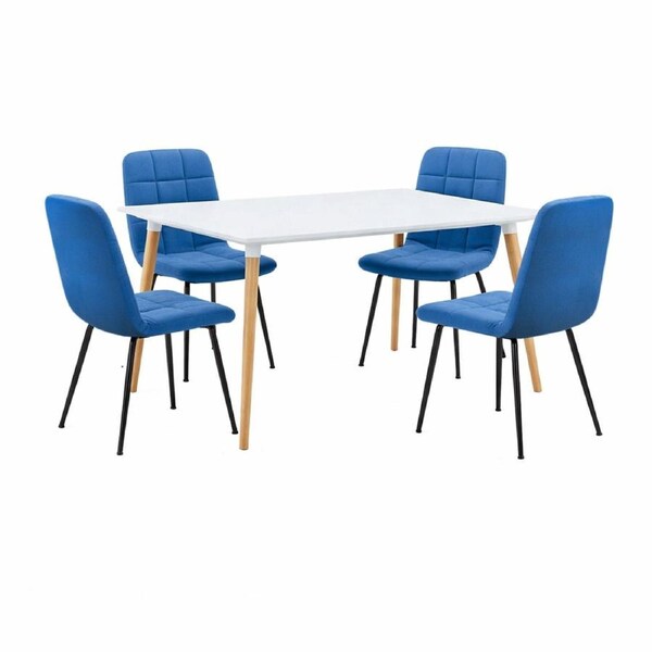 FORET Dining Table Set 4 Blue Fabric Chairs White Table Wood Legs
