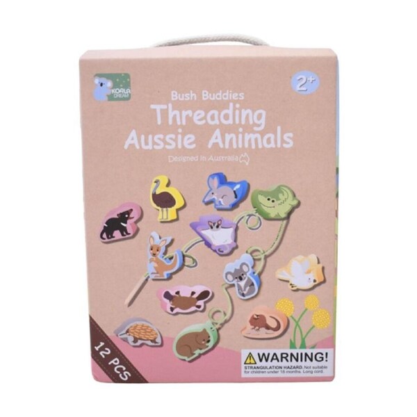 Bush Buddies Threading Aussie Animals By Koala Dream - 12 Wooden Australian Animal Figures - Child Safe FSC Certified Timber - Develops Fine Motor Skills - Recommended Age 2+