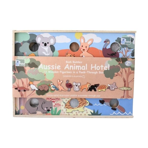 Bush Buddies Aussie Animal Hotel By Koala Dream - 12 Wooden Native Australian Animals In Peek Through Box - FSC Certified Timber - Educational Play - Recommended Age 2+