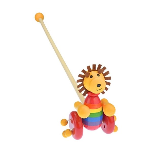 Push Along Wooden Lion By Kaper Kidz - Juniper Wood And Plywood Educational Toy - Spinning Beads On Wheels - Non Toxic Paint - Encourages Physical Activity - Recommended Age 18 Months Plus.
