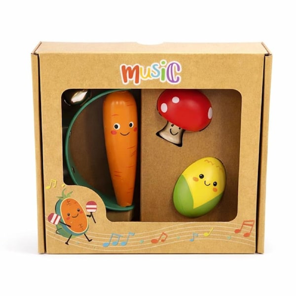 Wooden Veggie 3Pcs Musical Set Carrot Mushroom and Corn By Kaper Kidz - Birch Wood Instruments - Supports Sensory Development and Coordination - Recommended Age 0 Plus.