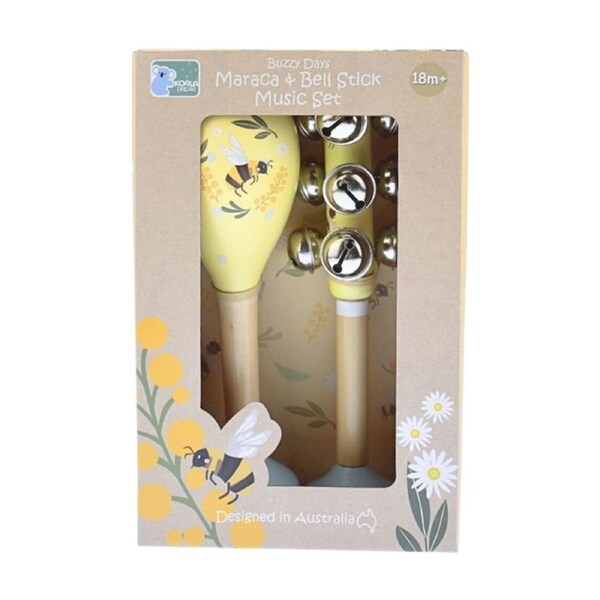 Buzzy Days Bee Maraca And Bellstick Set By Koala Dream - Birch Wood Plywood Pinewood Musical Toys For Toddlers - Supports Fine Motor Skills And Rhythm - Recommended Age 18 Months Plus.