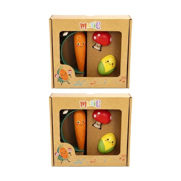 2x 3pc Kaper Kidz Wooden Veggie Carrot Mushroom Corn Kids Musical Toy Set 0m+