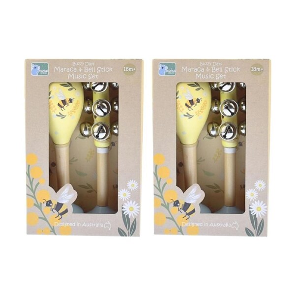 2PK Koala Dream Buzzy Days Bee Maraca & Bellstick Wooden Musical Toy Set 18m+