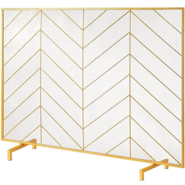 980x758MM Fireplace Screen 1-Panel Iron Mesh Spark Guard Modern Gold