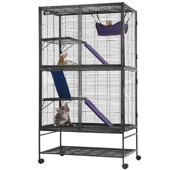 64.6" Metal Small Animal Cage 4-Tier Rolling Ferret Cage with Tray 3 Ramps