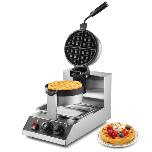 Commercial Waffle Maker, 1300W Round Waffle Baker Machine, Non-Stick Stainless Steel Belgian Waffle Iron, Temperature and Time Control, 180o Rotatable, for Restaurant Bakery Snack Bar Family