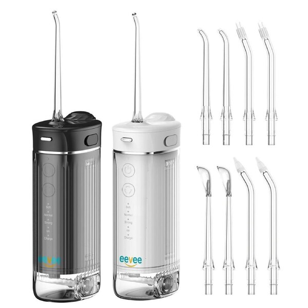 eeVee Mini Cordless Electric Water Flosser (Twin Pack 1 White & 1 Black):Rechargeable, 4 Modes & Specialized Nozzles for Travel & Home Use, IPX7 Waterproof, 260ml Tank Teeth Cleaner