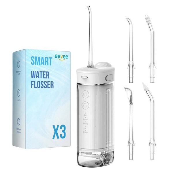 eeVee Mini Cordless Electric Water Flosser (White):Rechargeable, 4 Modes & Specialized Nozzles for Travel & Home Use, IPX7 Waterproof, 260ml Tank Teeth Cleaner