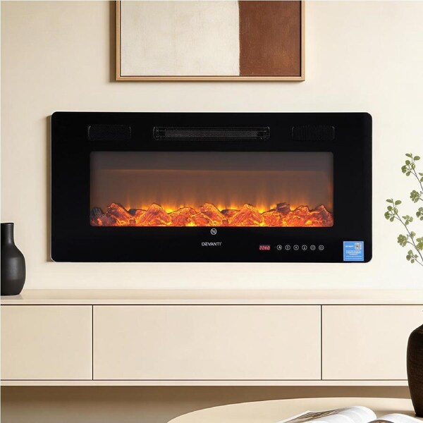 Devanti Electric Fireplace Fire Heater Wall Mounted Insert 3D Flame 1800W Remote Control