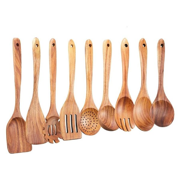 Catzon Wooden Kitchen Utensils Set 9Pcs Teak Wooden Spoons For Non-stick Pan for Cooking