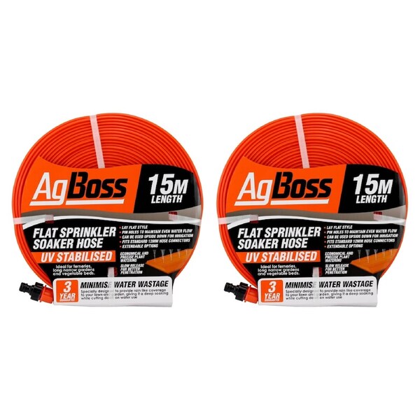 AgBoss 2 Pack 15m Flat Sprinkler Soaker Hose - Orange - 160421