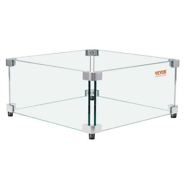 Gas Fire Pit Wind Guard for Square Fire Table, 543 x 543 x 191 mm Clear Tempered Wind Guard for Firepits, 8mm Thick Square Glass Shield, Glass Panel with Hard Corner Bracket & Feet
