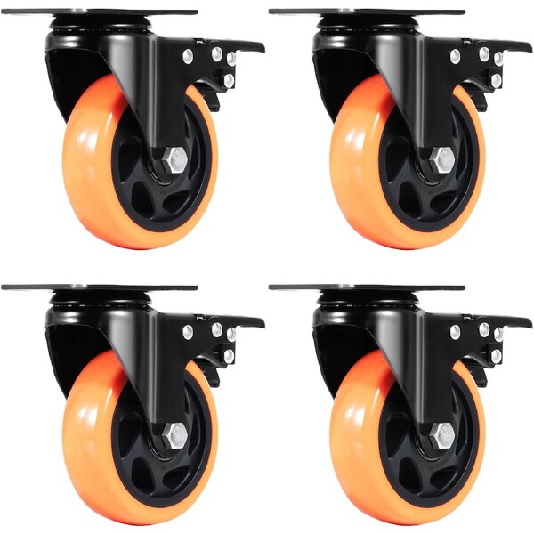 Caster Wheels, 101.6 mm Swivel Plate Casters, Set of 4, with Security A/B Locking No Noise PVC Wheels, Heavy Duty 159 kg Load Capacity Per Caster, Non-Marking Wheels for Cart Furniture Workbench