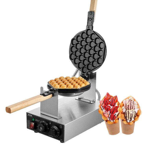 Commercial Bubble Waffle Maker, 1400W Egg Pancake Baker Machine, Non-Stick Stainless Steel Egg Bubble Puff, 180o Rotatable, Temp and Time Control, Wooden Handle, for Restaurant Bakery Snack Bar