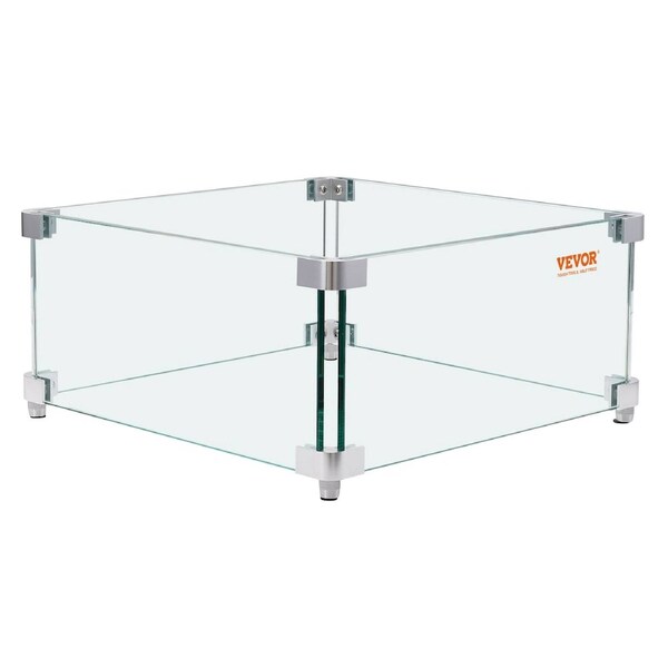 Gas Fire Pit Wind Guard for Square Fire Table, 380 x 380 x 180 mm Clear Tempered Wind Guard for Firepits, 8mm Thick Square Glass Shield, Glass Panel with Hard Corner Bracket & Feet