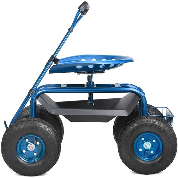 Rolling Garden Cart with Seat and Wheels Extendable Steer Handle Blue