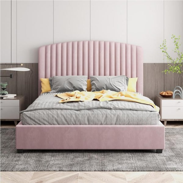 Bed Frame Queen Double King Single Size Pink Velvet Upholstery High Headboard Quality Slats Metal Structure Queen