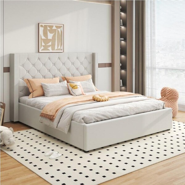 Bed Frame Double King Queen Size Winged Grey Linen Fabric Seam Grid Pattern with gas lift plywood metal structure Double