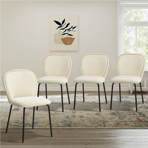 Oikiture 4x Dining Chairs Kitchen Accent Chairs Chenille Pad Metal Legs Beige
