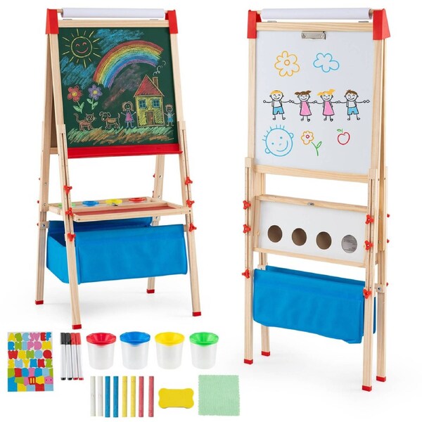 Babyjoy Adjustable Double-Sided Kids Art Easel w/Magnetic Chalkboard & Whiteboard Foldable Standing Drawing Board Paper Roll 4 Paint Cups & Storage Trays