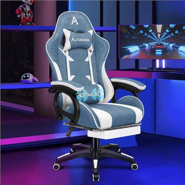 ALFORDSON Gaming Office Chair Racing Massage Leather Computer Seat Footrest Xavier Collection Blue & White (Fabric)