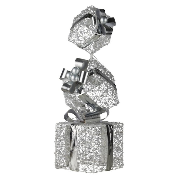 Christabelle 83cm Triple Christmas Silver Giftbox Stack Display with Lights