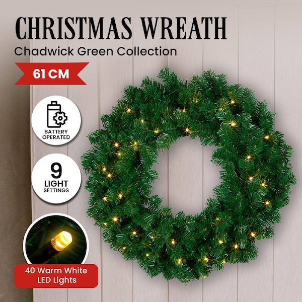 Christabelle 61cm Christmas Wreath with 40 LED Lights & 9 Functions