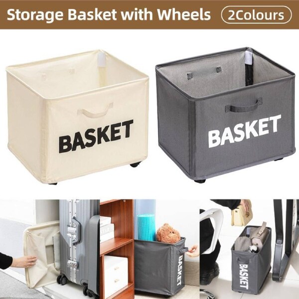 Beige Rolling Storage Basket with Wheels for Under Desk Organisation