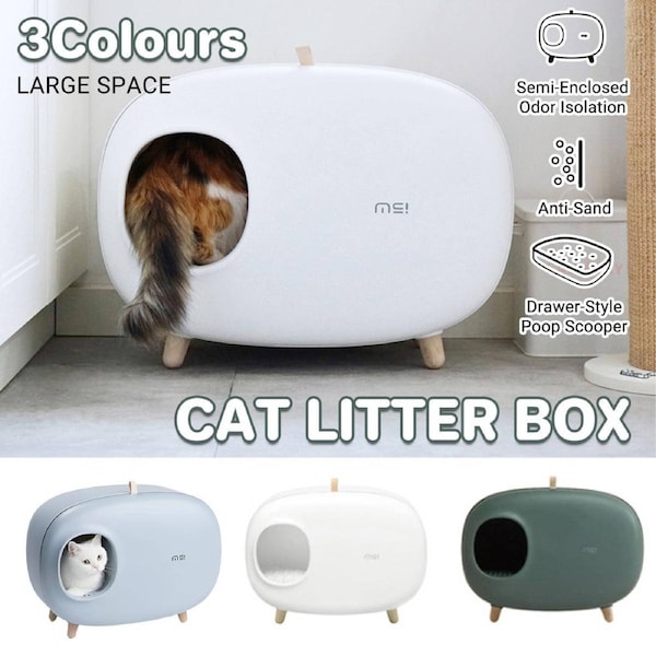 Semi-Enclosed Cat Litter Box - Drawer Style, Spacious, White, 60cm x 45cm x 38cm