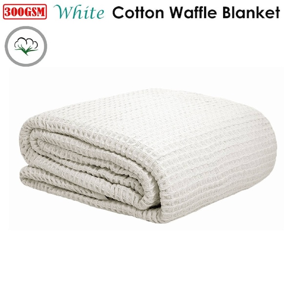 Cotton Waffle Blanket White Queen - 300GSM, Soft Touch, Machine Washable