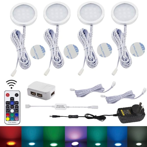 RGB LED Under Cabinet Puck Lights 4 Packs, Slim Aluminum, Dimmable, Easy Install