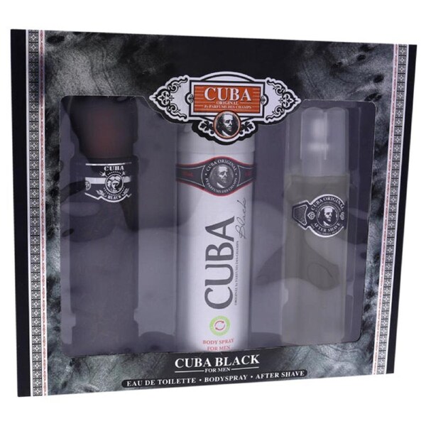 Cuba Black by Cuba for Men - 3 Pc Gift Set 3.3oz EDT Spray, 3.3oz After Shave, 6.6oz Body Spray 3 Pc Gift Set