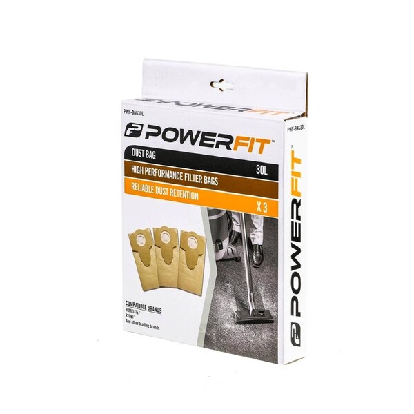 PowerFit 30L Paper Dust Bag, 3 Pack, Brown