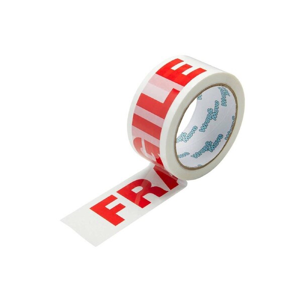 Wrap & Move Fragile Warning Tape - 48mm x 66m White/Red BOPP Packing Tape