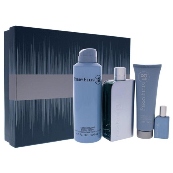 Perry Ellis 18 by Perry Ellis for Men - 4 Pc Gift Set 3.4oz EDT Spray, 0.25oz EDT Spray, 6oz Body Spray, 3oz Hair and Body Wash 4 Pc Gift Set