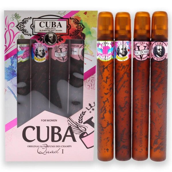 Cuba Quad I by Cuba for Women - 4 Pc Gift Set 1.17oz Cuba Heartbreak EDP Spray, 1.17oz Cuba La Vida EDP Spray, 1.17oz Cuba Victory EDP Spray, 1.17oz Cuba VIP EDP Spray 4 Pc Gift Set