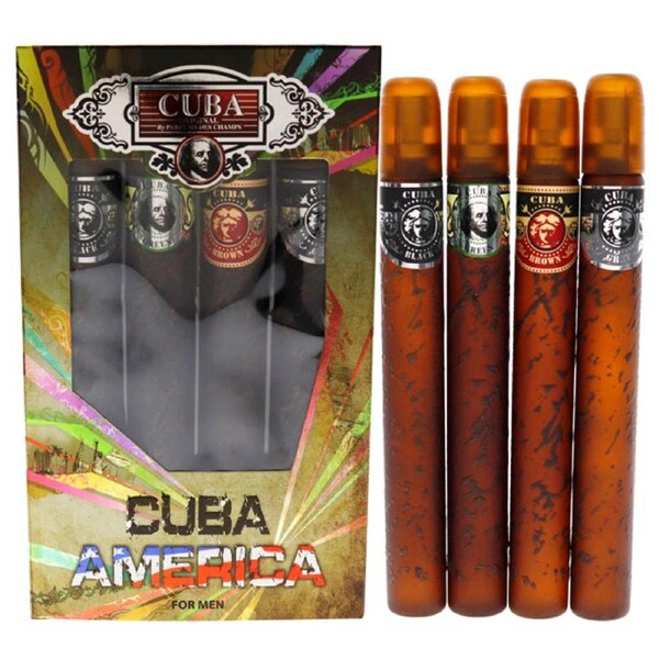 Cuba America by Cuba for Men - 4 Pc Gift Set 1.17oz EDT Spray Black, 1.17oz EDT Spray Green, 1.17oz EDT Spray Brown, 1.17oz EDT Spray Grey 4 Pc Gift Set