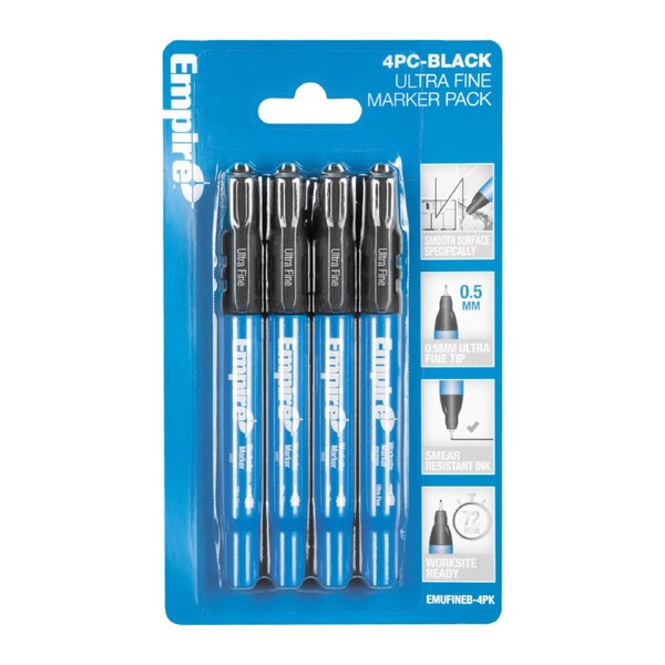 Empire Ultra Fine Black Marker 4 Pack, 0.5mm Tip, Smear-Resistant for Smooth Surfaces